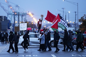 caption: Hundreds gathered to protest the MV Cape Orlando, a U.S. military vessel that protesters believe to be bound for Israel, on Monday, November 6, 2023, at the Port of Tacoma. 