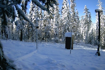 caption: A SNOTEL station on Sasse Ridge in the central Washington Cascades monitors snowpack in November 2018.