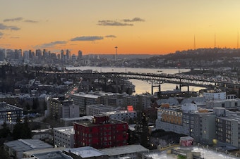 caption: Sleetless in Seattle: The Seattle area, shown at sunset on Jan. 24, 2025, has had little rain and no snow in January. 