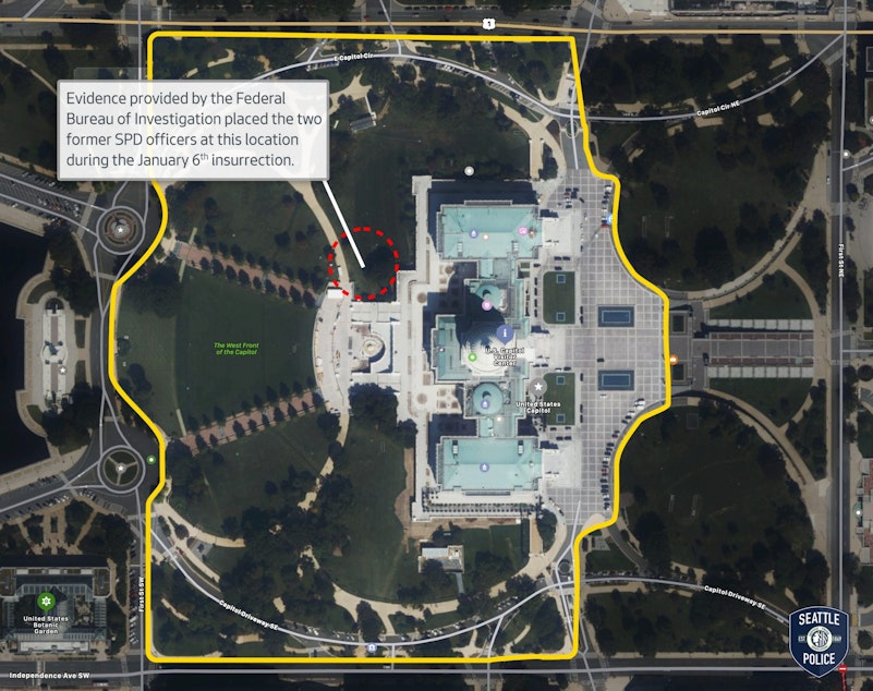caption: This graphic shows where Seattle police say two of its officers were present during the riot and insurrection at the nation's Capitol in Washington DC on Jan. 6, 2021. It places them beyond barriers set by Capitol police.