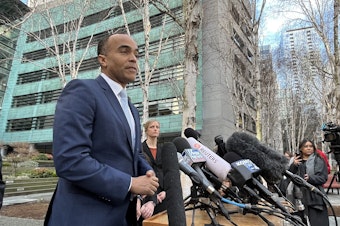 caption: Washington State Attorney General Nick Brown outside the federal courthouse in Seattle on Jan. 23, 2025. 