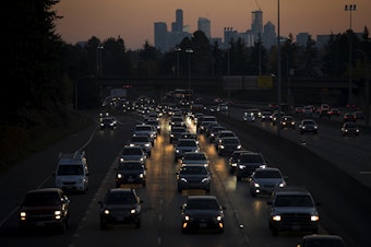 caption: Rush-hour traffic on Interstate 5 on Nov. 4, 2019, from Northeast 92nd Street in Seattle.