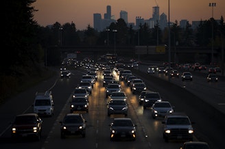 caption: Rush-hour traffic on Interstate 5 on Nov. 4, 2019, from Northeast 92nd Street in Seattle.