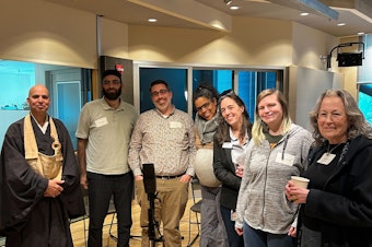 caption: Our religion and community in Seattle roundtable participants (left to right) Reverend SeiFu Singh-Molares, Adam Jamal, Brian Judd, Yen Baynes, host Patricia Murphy Andrea Mullaney, and Alicia Lewis.