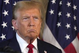 caption: Republican presidential candidate former President Donald Trump attends a news conference with Speaker of the House Mike Johnson, R-La., on April 12, at Mar-a-Lago in Palm Beach, Fla.