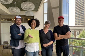 caption: TBTL co-hosts Andrew Walsh (left) and Luke Burbank (far right) chat with Eula Scott Bynoe and Jeannie Yandel about workplace sexism.  