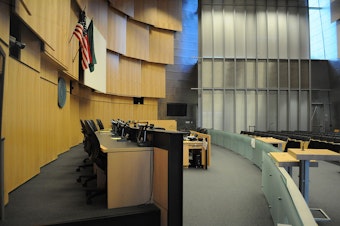 caption: City Council Chambers, Seattle City Hall, Seattle, Washington.