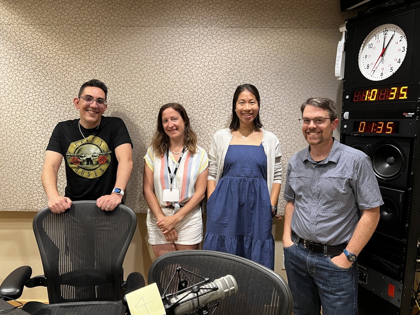 caption: Host Zaki Hamid is joined by Seattle Met's Allison Williams, KUOW's Joshua McNichols, and Seattle Times' Amanda Zhou.