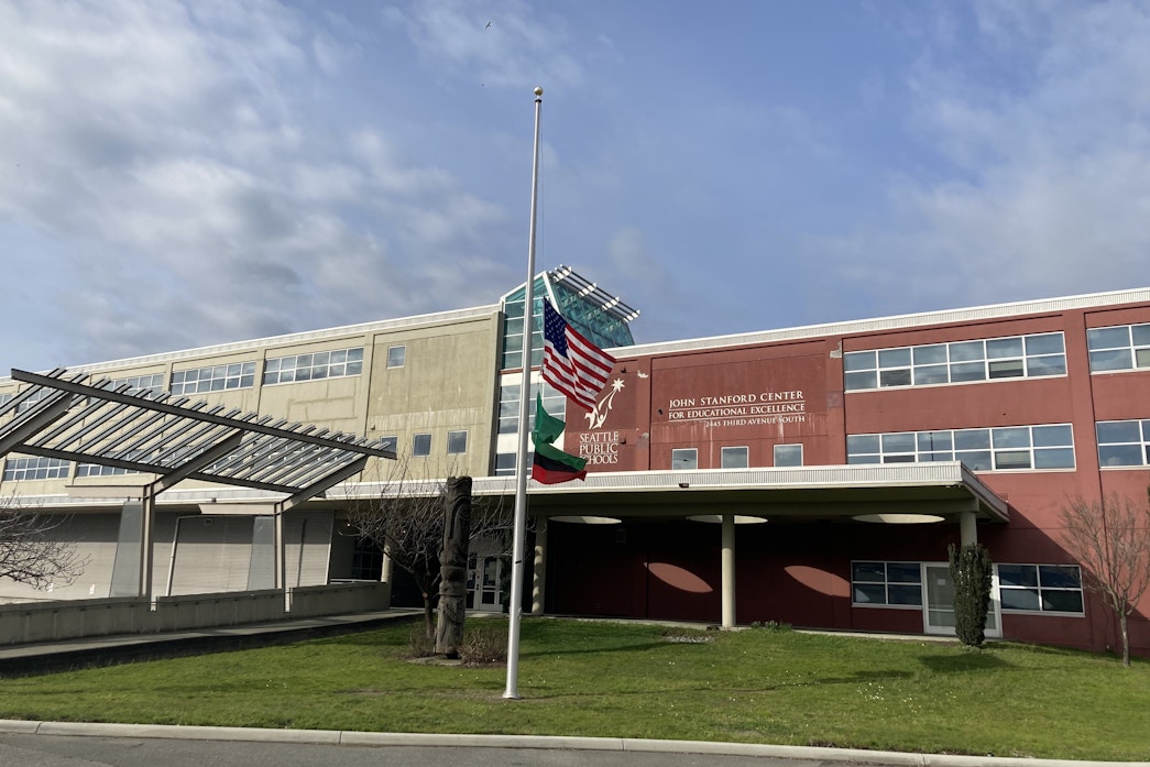 caption: The John Stanford Center for Educational Excellence, Seattle Public School headquarters, on Feb. 27, 2021.