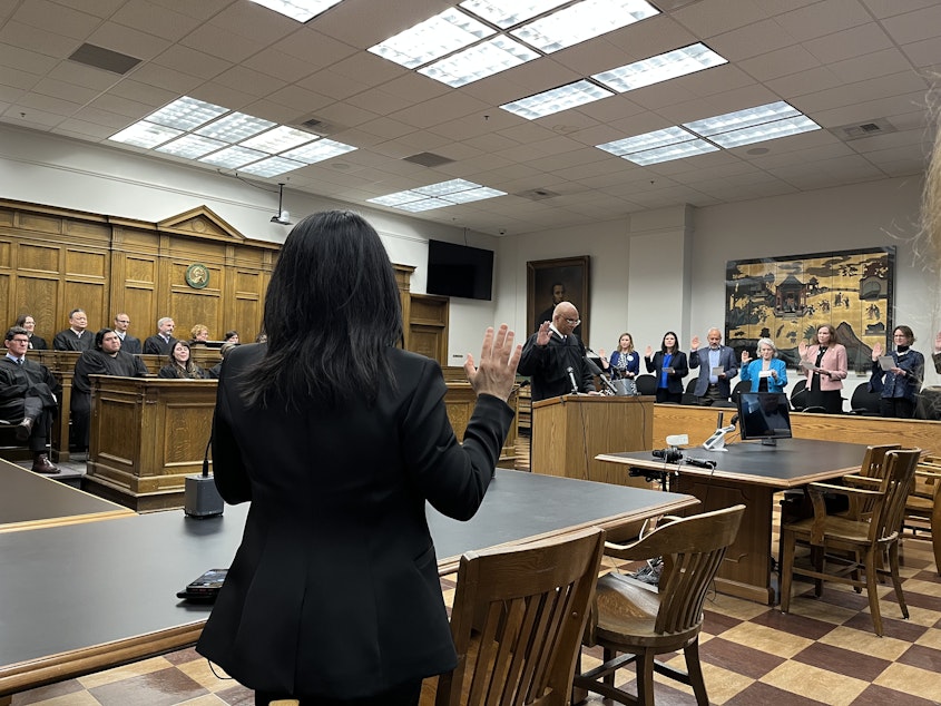 caption: At the King County Courthouse in downtown Seattle, lawyers restated their oath to uphold the U.S. and Washington Constitutions on May 1, 2025.