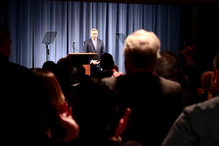 caption: King County Executive Dow Constantine delivers his sixteenth and final State of the County address at Kerry Hall in Seattle's Capitol Hill neighborhood.