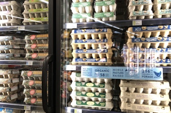 caption: Eggs fill the refrigerator at PCC Columbia City, February 26, 2025. 