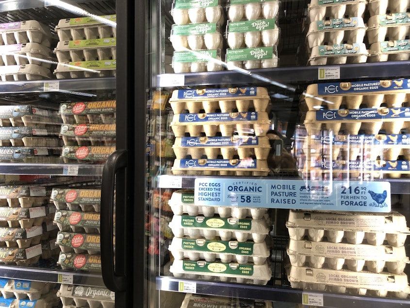 caption: Eggs fill the refrigerator at PCC Columbia City, February 26, 2025.