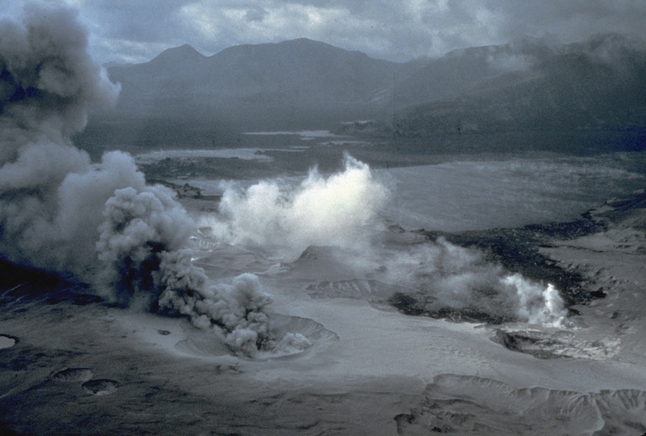 caption: Spirit Lake and the Pumice Plain shown on May 29, 1980 with Mount St. Helens in the background.