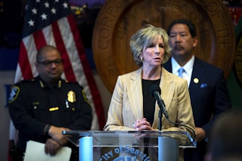 caption: Interim Seattle police chief Sue Rahr addresses the press after Mayor Bruce Harrell announced that former chief Adrian Diaz would be stepping down on Wednesday, May 29, 2024, at City Hall in Seattle.