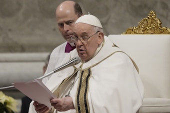 caption: Pope Francis presides over Christmas eve Mass, at St. Peter's Basilica at the Vatican, Sunday Dec. 24, 2023.