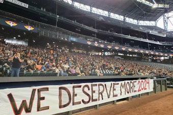 caption: Unionized machinists at a strike vote at T-Mobile Park in Seattle on Wednesday, July 17, 2024.
