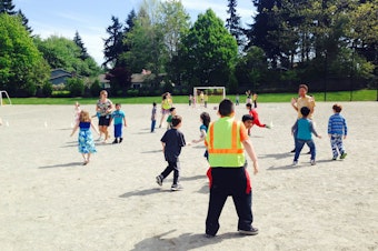 caption: At structured recesses at Ardmore Elementary School in Bellevue, younger children choose from a set list of games with schoolwide rules, like “freezer tag,” monitored by older students.