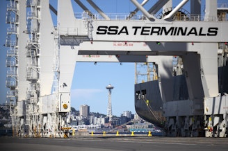 caption: The Space Needle is visible  on Monday, May 5, 2025, from the Port of Seattle’s Terminal 5. 