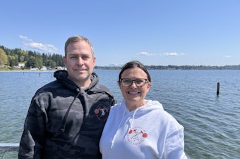 caption: David and Lauren Petersen in Lake Stevens, Washington, in May 2025. David is one of eight plaintiffs suing Snohomish Regional Fire and Rescue for religious discrimination related to the Covid vaccine mandate. 