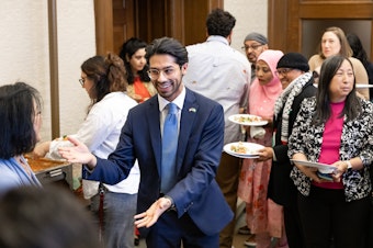 caption: Rep. Osman Salahuddin hosts a celebration for Eid-al-Fitr at the Washington State Capitol after the passage of SB 5106, March 31, 2025.