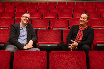 caption: Bill Berry, left, executive director of The 5th Avenue Theatre Company, and Josh LaBelle, executive director of Seattle Theatre Group, announced an alliance in late March.