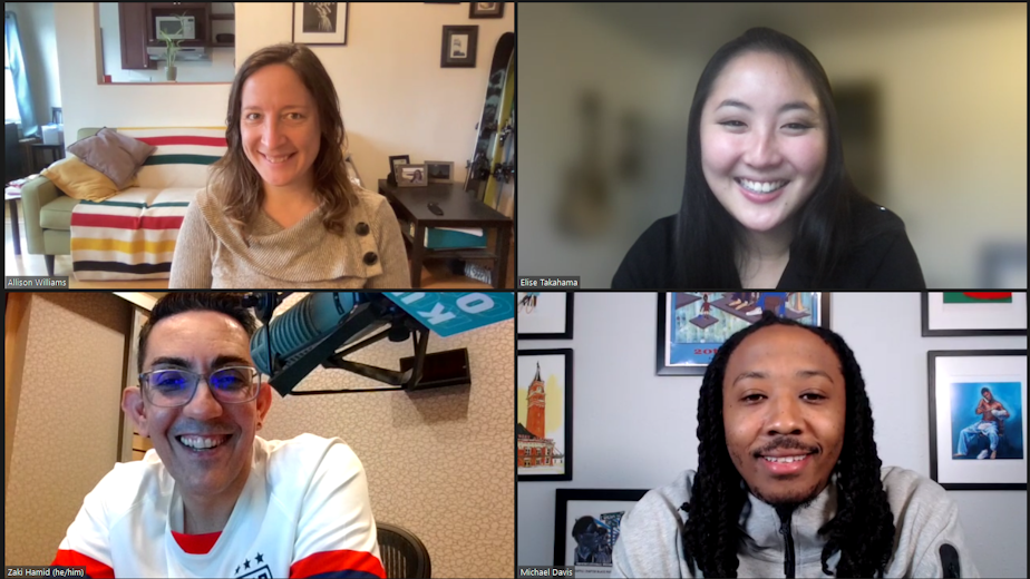 caption: Guest host Zaki Hamid discusses the week’s news with Seattle Times Elise Takahama, Seattle Met’s Allison Williams and KUOW’s Mike Davis. 