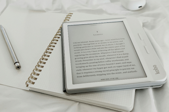 caption: An eBook of "Moby Dick" on a digital reader. 