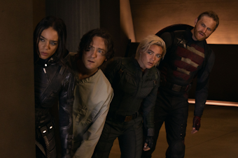 caption: Ghost (Hannah John-Kamen), Bob (Lewis Pullman), John Walker (Wyatt Russell), Alexei Shostakov/Red Guardian (David Harbour), Yelena Belova (Florence Pugh) and Bucky Barnes (Sebastian Stan) star in Marvel Studios' “Thunderbolts*” released in theaters on May 2, 2025. 