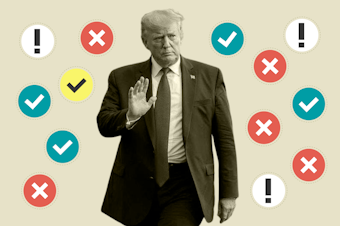 caption: Collage of President Donald Trump against icons symbolizing legal case statuses. Photos courtesy of istock.