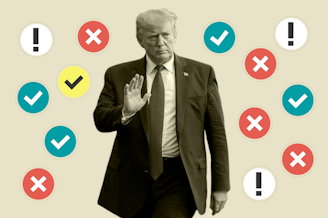 caption: Collage of President Donald Trump against icons symbolizing legal case statuses. Photos courtesy of istock.